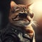 Image of a cat wore sunglasses and wore a black leather jacket on clean background. Pet. Animals. Illustration, Generative AI