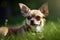 Image of chihuahua dog resting on green pasture grass on summer. Pet. Animals. Illustration. Generative AI