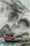 image of the China landscape and a boat that moves, in the style of monochromatic ink wash digital painting.