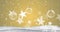 Image of christmas bubbles and stars with snow falling on yellow background