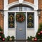 image of Christmas door wreath a natural arrangement of baubles berries fruits and fir cones ring on entrance door.