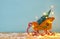 Image of christmas tree on the wooden old sled over snowy wooden table