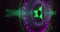 Image of circular green and pink 3d light display flashing and rotating on black background