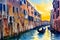 image of the city of Venice captured in the golden hour with the essence of gondolas and historic buildings.