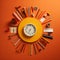 an image of a clock surrounded by various objects on an orange background