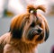 Image of close up of side view of dog\'s head with hair clip and copy space