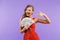 Image closeup of delighted woman 20s wearing red dress smiling a