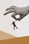 Image collage illustration of miniature funky guy hanging human huge fingers catch him hanging over chasm isolated on