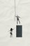 Image collage illustration two mini people try hang string height upwards cube podium compete girl versus man isolated
