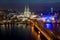 Image of Cologne with Cologne Cathedral during twilight blue hour in Germany.