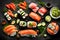 An image of a colorful array of fresh sushi ingredients, including sashimi-grade fish, avocado, and cucumber