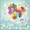 Image with colorful balloons in heart shape on sky blue