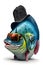 image of a colorful cartoon bass fish wearing sunglass, wearing oversize tucker cap.