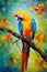 Image of colorful macaw parrot sticking on the tree branches. Birds, Wildlife Animals, Generative AI, Illustration