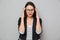 Image of Confused asian business woman in eyeglasses having headache