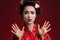 Image of confused asian geisha woman in traditional japanese kimono