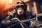 Image of cool chimpanz monkey wearing sunglasses is riding a chopper motorcycle. Animal., Illustration, Generative AI