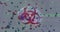 Image of coronavirus moving around human brain, biohazard symbol rotating on digital interface