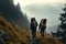 Image of a couple of hikers walk through the forest in rainy weather.