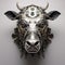 Image of cow face made with steel and various metals on clean background. Farm animals. Illustration, Generative AI
