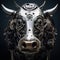 Image of cow face made with steel and various metals on clean background. Farm animals. Illustration, Generative AI