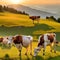 image of the cow grazing on a mountain pasture in a summer panoramic view with mountain range.