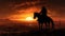 Image of a cowboy riding a horse during sunset.