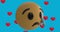 Image of crying emoji icon with red heart balloons icons on blue background