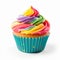 image of a cupcake with rainbow cream. festive birthday dessert, cake.