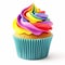 image of a cupcake with rainbow cream. festive birthday dessert, cake.