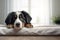 Image of cute bernese mountain dog lying on sofa. Pet. animals. Illustration, Generative AI