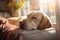 Image of cute labrador dog lying on sofa. Pet. animals. Illustration, Generative AI