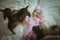 Image of cute little girl in pink suit and puppies