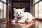 image of a cute little white puppy in a red bow. Anime style illustration