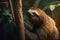 Image of a cute sloth on a tree on natural background. Wild Animals. illustration. Generative AI