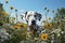 Image of dalmatian dog is in the garden with beautiful flowers in which the background is a bright sky. Pet. Animals. Generative