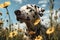 Image of dalmatian dog is in the garden with beautiful flowers in which the background is a bright sky. Pet. Animals. Generative