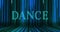 Image of dance text over light trails on black background