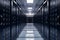 Image Data center with rows of operational server racks, technology infrastructure