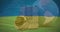 Image of data processing, safe and globe over flag of ukraine