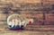 Image of decorative boat in the bottle on wooden table. nautical concept. retro filtered image