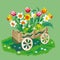 Image of a decorative garden wheelbarrow with spring flowers