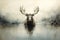 Image of a deer moose in the pond in the forest with a scary atmosphere, Wildlife Animals., Generative AI, Illustration