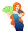 Image of delighted woman holding fan of dollar money banknotes and credit card