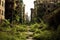 An image depicting a deserted city with overgrown vegetation and abandoned buildings, capturing the post-apocalyptic atmosphere.