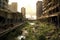 An image depicting a deserted city with overgrown vegetation and abandoned buildings, capturing the post-apocalyptic atmosphere.