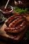 The image depicts juicy and aromatic pieces of grilled sausages, arranged on a wooden board.