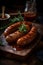 The image depicts juicy and aromatic pieces of grilled sausages, arranged on a wooden board.