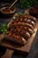 The image depicts juicy and aromatic pieces of grilled sausages, arranged on a wooden board.