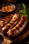 The image depicts juicy and aromatic pieces of grilled sausages, arranged on a wooden board.